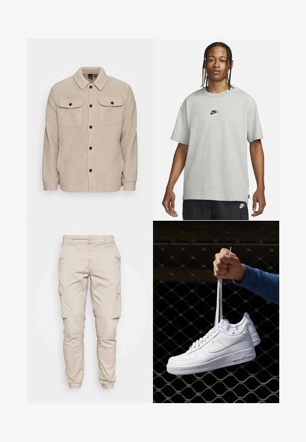 Veste en polaire beige avec un col, une fermeture à boutons, deux poches poitrine à rabat et un tissu texturé. Des boutons noirs viennent accentuer le design.; Jeune personne avec des cheveux tressés portant un t-shirt Nike gris clair et un short Nike noir sur un fond blanc uni.; Pantalons cargo beiges avec fermeture à bouton, poches latérales et poignets élastiques, fabriqués en tissu durable avec une texture lisse.; Baskets en cuir blanc avec perforations, à bout rond, semelle plate et lacets épais, arborant un logo swoosh visible et "AIR" sur le talon.