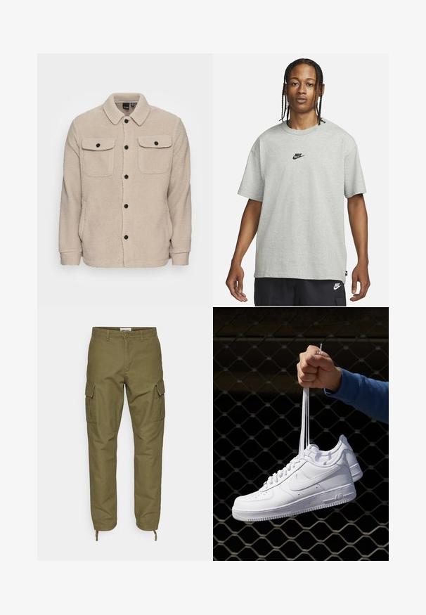 Beige fleecejacka med krage, knäppning, två bröstfickor med klaffar och texturerat tyg. Svarta knappar pryder designen.; Ung person med flätat hår iklädd en ljusgrå Nike T-shirt och svarta Nike-shorts framför en enkel vit bakgrund.; Olivgröna cargobyxor i bomull med två sidofickor, snörning vid anklarna och knappstängning i midjan.; Vita lädersneakers med perforeringar, rund tå, platt sula och tjocka snörning, med en synlig swoosh-logga och "AIR" på hälen.