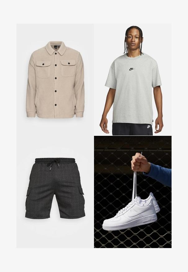 Bežs flīsa jakas ar apkakles izgriezumu, pogu aizdari, divām krūšu kabatām ar atloci un teksturētu audumu. Melnas pogas izceļ dizainu.; Jaunietis ar pītām matēm, kas valkā gaiši pelēku Nike T-kreklu un melnas Nike šortus uz vienkārša balta fona.; Melni linu šorti ar kabatām, ar elastīgu jostu un auklu aizdari. Izgatavoti no teksturēta auduma.; Baltas ādas sporta apavi ar perforācijām, apaļu purngali, plakanu zoli un biezām šņorēm, ar redzamu swoosh logo un vārdu "AIR" uz papēža.