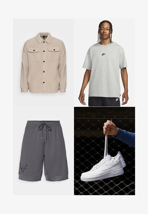 Beige fleecová bunda s límcem, zapínáním na knoflíky, dvěma náprsními kapsami s klopami a texturovanou tkaninou. Černé knoflíky zdobí design.; Mladý člověk s pletenými vlasy, oblečený v světle šedém tričku Nike a černých šortkách Nike, na čistém bílém pozadí.; Šedé sportovní šortky vyrobené z texturované tkaniny. Mají elastický pás se šňůrkou a černé logo býka na levé straně.; Bílé kožené tenisky s perforacemi, kulatou špičkou, plochou podrážkou a silnými tkaničkami, které mají viditelné logo swoosh a nápis "AIR" na patě.