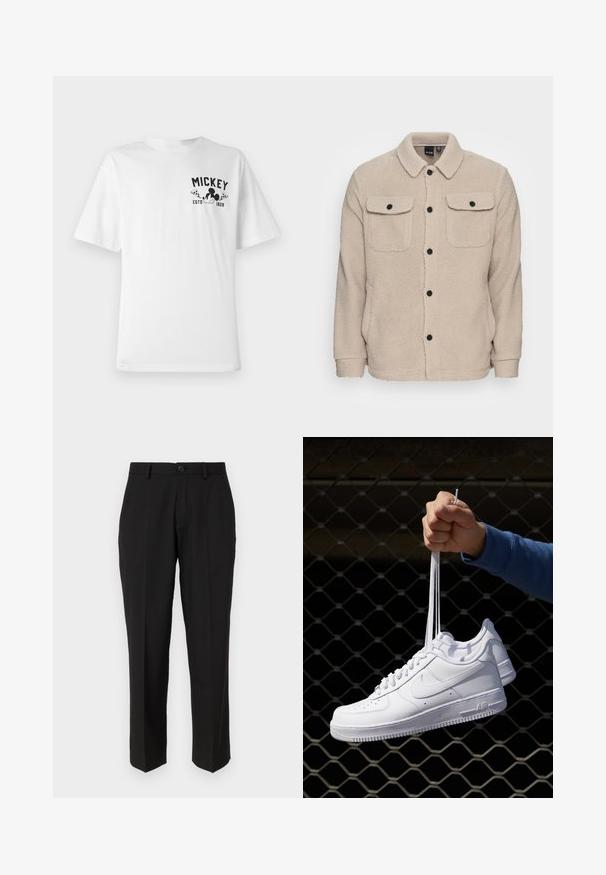 Beige Fleecejacke mit Kragen, Knopfverschluss, zwei Brusttaschen mit Klappen und strukturiertem Stoff. Schwarze Knöpfe setzen Akzente im Design.; Weißes Baumwoll-T-Shirt mit einem schwarzen Grafikdesign, das "MICKEY" und eine Cartoonfigur zeigt, mit rundem Halsauschnitt und kurzen Ärmeln.; Schwarze Hosen aus glattem Stoff mit geradem Bein, Fronttaschen, einem einzigen Knopfverschluss und ohne sichtbare Muster.; Weiße Leder-Sneaker mit Perforationen, runder Zehenpartie, flacher Sohle und dicken Schnürsenkeln, mit sichtbar eingesticktem Swoosh-Logo und "AIR" an der Ferse.