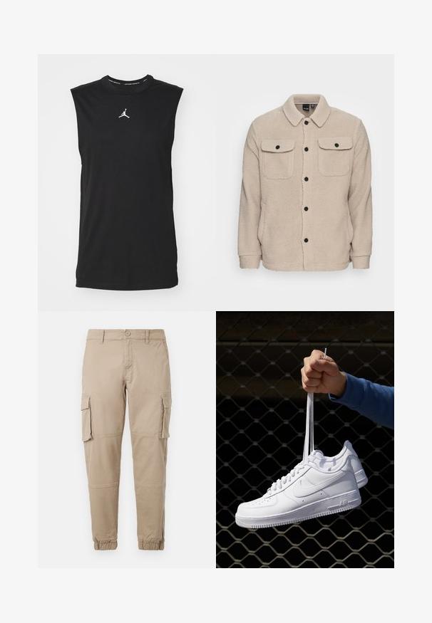 Beige színű polár dzseki, galléros nyakkivágással, gombos záródással, két melltartó zsebbel fedéllel és texturált anyaggal. Fekete gombok emelik ki a tervezést.; Fekete ujjatlan póló, pamutból készült, kerek kivágással és fehér Jumpman logóval a középen. Simább tapintású, normál szabású.; Beige színű cargo nadrág könnyű pamut anyagból. Rugalmas mandzsettákkal, több oldalsó zsebbel és gombos záródással rendelkezik.; Fehér bőr sportcipők perforációval, kerek orral, lapos talppal és vastag fűzőkkel, látható swoosh logóval és "AIR" felirattal a sarokrészen.