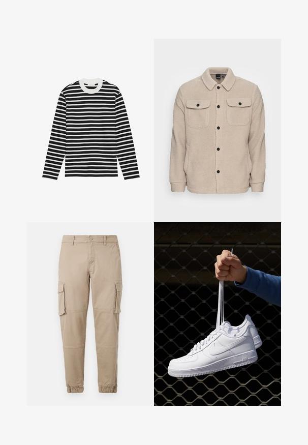 Beež fliisjakker, millel on kraega kaelus, nööbikinnitus, kaks klapiga rinna taskut ja tekstureeritud kanga detail. Mustad nööbid rõhutavad disaini.; Pikkade varrukatega sviiter, millel on horisontaalsed mustad ja valged triibud, ümmargune kaelus ja ribakäised. Pehme kangas klassikalise lõikega.; Beežid cargo-püksid kergest puuvillaste materjalist. Omab elastseid varrukatükke, mitmeid külgpocket'ite ja nööbiga sulgemist.; Valged nahast tennisetossud, millel on perforatsioonid, ümar nina, lame tallus ja paksud nöörid, nähtava swooshi logoga ja "AIR" kontsadel.