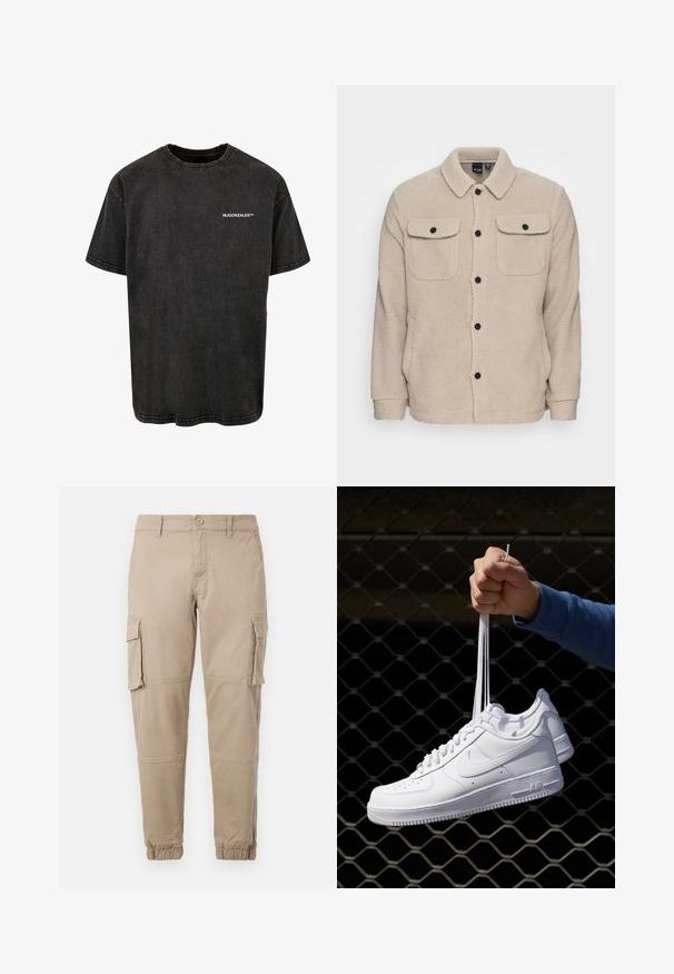 Beež fliisjakker, millel on kraega kaelus, nööbikinnitus, kaks klapiga rinna taskut ja tekstureeritud kanga detail. Mustad nööbid rõhutavad disaini.; Must musta T-särk, lühikeste varrukatega, ümmarguse kaelusega ja retro välimusega, mille ees on valge trükitud logo.; Beežid cargo-püksid kergest puuvillaste materjalist. Omab elastseid varrukatükke, mitmeid külgpocket'ite ja nööbiga sulgemist.; Valged nahast tennisetossud, millel on perforatsioonid, ümar nina, lame tallus ja paksud nöörid, nähtava swooshi logoga ja "AIR" kontsadel.