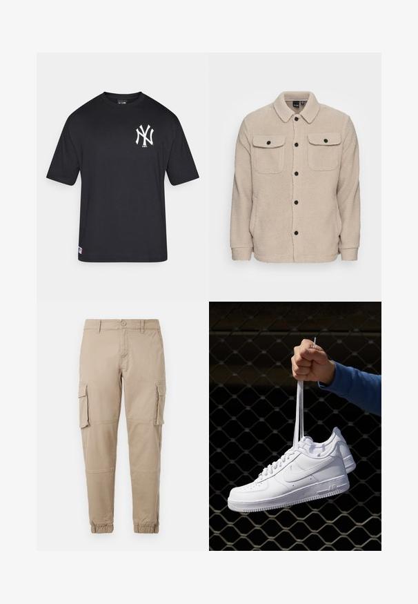 Giacca in pile beige con colletto, chiusura a bottoni, due tasche sul petto con pattina e tessuto testurizzato. Bottoni neri accentuano il design.; T-shirt nera a maniche corte in cotone, con un logo bianco sul petto a sinistra e un piccolo etichetta MLB sull'orlo inferiore.; Pantaloni cargo beige in un leggero cotone. Presentano polsini elasticizzati, molteplici tasche laterali e una chiusura con bottone.; Sneakers in pelle bianca con perforazioni, punta rotonda, suola piatta e lacci spessi, con logo swoosh visibile e "AIR" sul tallone.