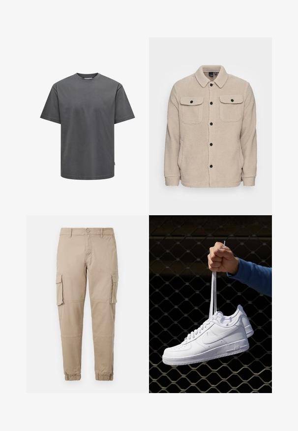 Bežna flis jakna z ovratnikom, gumbom za zapiranje, dvema žepoma na prsih s poklopci in teksturirano tkanino. Črni gumbi poudarjajo obliko.; Siva bombažna majica z okroglim izrezom in kratkimi rokavi. Ima običajen kroj in enostavno teksturo brez vidnih vzorcev ali okraskov.; Bežne cargo hlače iz lahkega bombažnega materiala. Imajo elastične manšete, več stranskih žepov in gumbasto zapiranje.; Bela usnjena športna obutev s perforacijami, okroglo konico, ravnim podplatom in debelimi vezalkami, z vidnim logotipom smoosh in napisom "AIR" na peti.