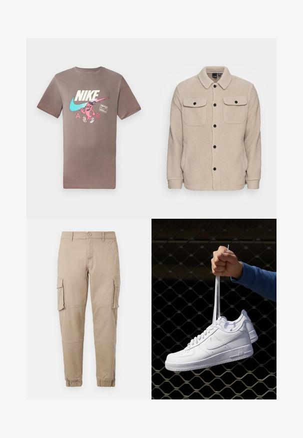 Veste en polaire beige avec un col, une fermeture à boutons, deux poches poitrine à rabat et un tissu texturé. Des boutons noirs viennent accentuer le design.; T-shirt en coton marron avec un graphique coloré représentant un personnage portant des lunettes de soleil, accompagné des logos Nike et Air dans des couleurs contrastées.; Pantalons cargo beiges en coton léger. Comprend des poignets élastiques, plusieurs poches latérales et une fermeture à bouton.; Baskets en cuir blanc avec perforations, à bout rond, semelle plate et lacets épais, arborant un logo swoosh visible et "AIR" sur le talon.