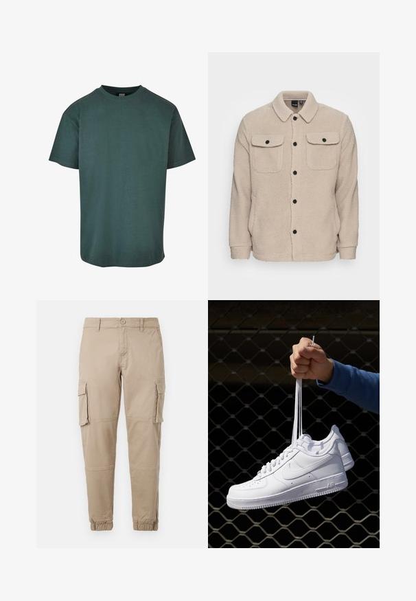 Bežinė fliso striukė su apykakle, mygtukų uždarymu, dviem krūtinės kišenėmis su užpūkų dangteliais ir tekstūruotu audiniu. Juodi mygtukai pabrėžia dizainą.; Tamsiai žalia medvilninė marškinėliai su apvalia iškirpte, trumpomis rankovėmis ir tiesiu apdaila. Minkšta tekstūra, laisvas siluetas ir paprastas dizainas.; Bežiniai cargo kelnės iš lengvos medvilnės. Su elastingais užtrauktukais, keliais šoniniais kišenėmis ir mygtukų uždarymu.; Balti odiniai sportiniai bateliai su perforacijomis, apvalia nosimi, plokščiu padu ir storomis raištelėmis, su matomu swoosh logotipu ir "AIR" ant kulno.