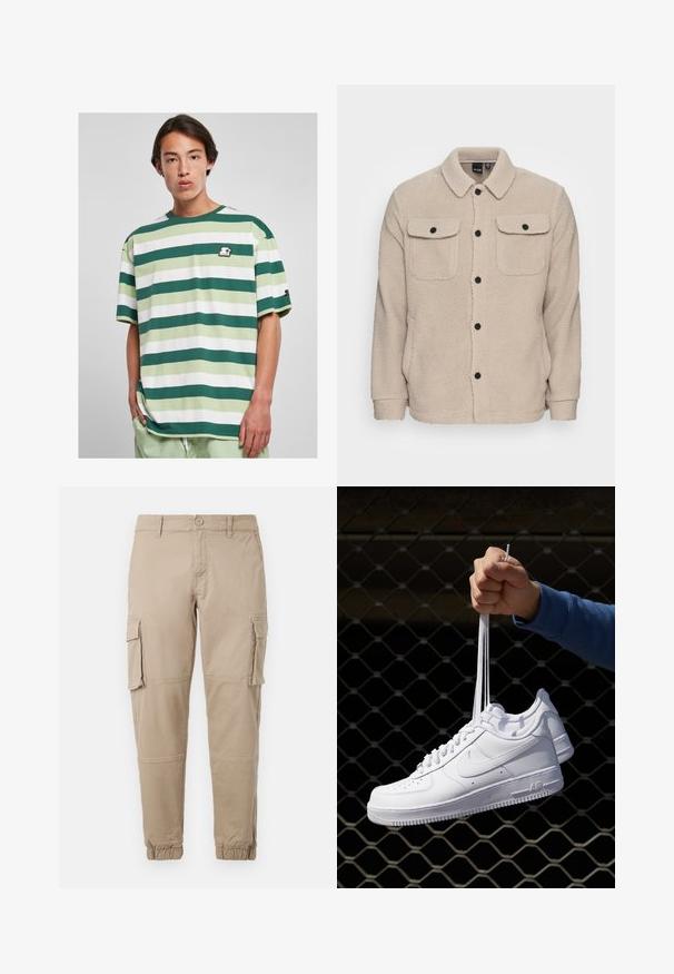 Beige színű polár dzseki, galléros nyakkivágással, gombos záródással, két melltartó zsebbel fedéllel és texturált anyaggal. Fekete gombok emelik ki a tervezést.; Starter STARTER SUN STRIPES - Nyomott mintás póló - darkfreshgreen vintagegreen white; Beige színű cargo nadrág könnyű pamut anyagból. Rugalmas mandzsettákkal, több oldalsó zsebbel és gombos záródással rendelkezik.; Fehér bőr sportcipők perforációval, kerek orral, lapos talppal és vastag fűzőkkel, látható swoosh logóval és "AIR" felirattal a sarokrészen.