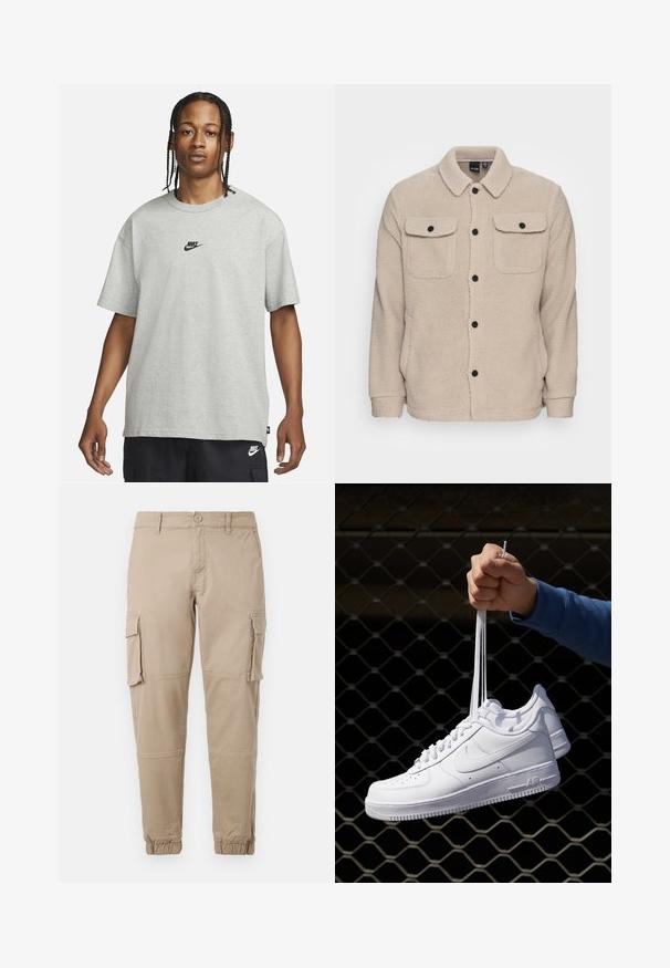 Bežinė fliso striukė su apykakle, mygtukų uždarymu, dviem krūtinės kišenėmis su užpūkų dangteliais ir tekstūruotu audiniu. Juodi mygtukai pabrėžia dizainą.; Jaunas žmogus su pintomis plaukomis, vilkintis šviesiai pilką Nike marškinėlį ir juodus Nike šortus, priešais vientisą baltą foną.; Bežiniai cargo kelnės iš lengvos medvilnės. Su elastingais užtrauktukais, keliais šoniniais kišenėmis ir mygtukų uždarymu.; Balti odiniai sportiniai bateliai su perforacijomis, apvalia nosimi, plokščiu padu ir storomis raištelėmis, su matomu swoosh logotipu ir "AIR" ant kulno.