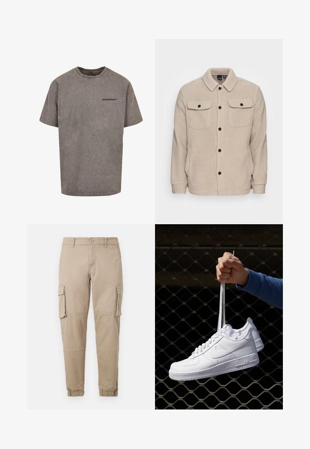Bežna flis jakna z ovratnikom, gumbom za zapiranje, dvema žepoma na prsih s poklopci in teksturirano tkanino. Črni gumbi poudarjajo obliko.; Siva oversize majica iz bombaža s poškodovanim videzom. Ima okroglo ovratnico in mali črni logo na prsih.; Bežne cargo hlače iz lahkega bombažnega materiala. Imajo elastične manšete, več stranskih žepov in gumbasto zapiranje.; Bela usnjena športna obutev s perforacijami, okroglo konico, ravnim podplatom in debelimi vezalkami, z vidnim logotipom smoosh in napisom "AIR" na peti.