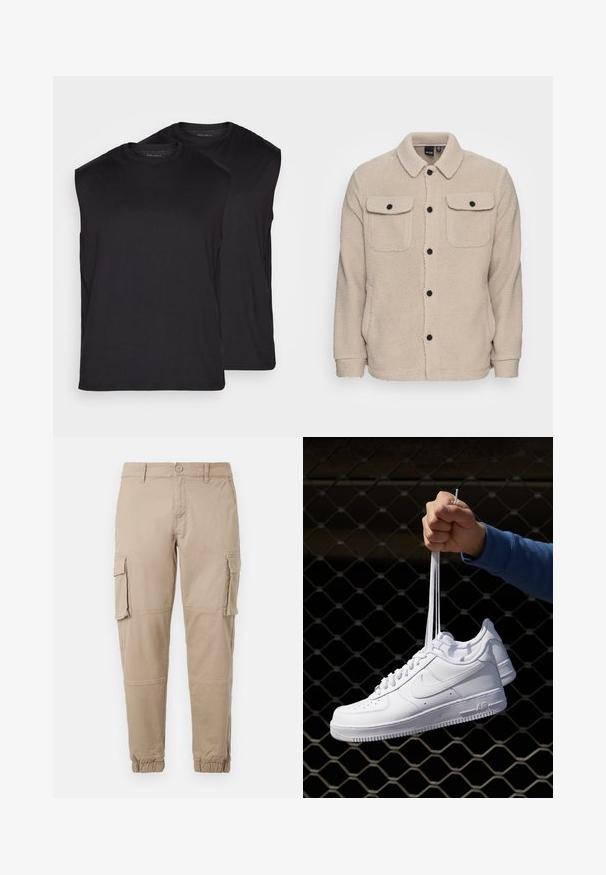 Beige fleecejakke med krave, knaplukning, to brystlommer med klap og tekstureret stof. Sorte knapper fremhæver designet.; Sorte ærmeløse T-shirts vist i par, lavet af glat stof. Rund halsudskæring og rene kanter uden synlige mønstre eller hardware.; Beige cargo bukser i et letvægts bomuldsstof. Har elastiske manchetter, flere sidelommer og en knaplukning.; Hvide lædersneakers med perforeringer, rund tå, flad sål og tykke snørebånd, med et synligt swoosh-logo og "AIR" på hælen.