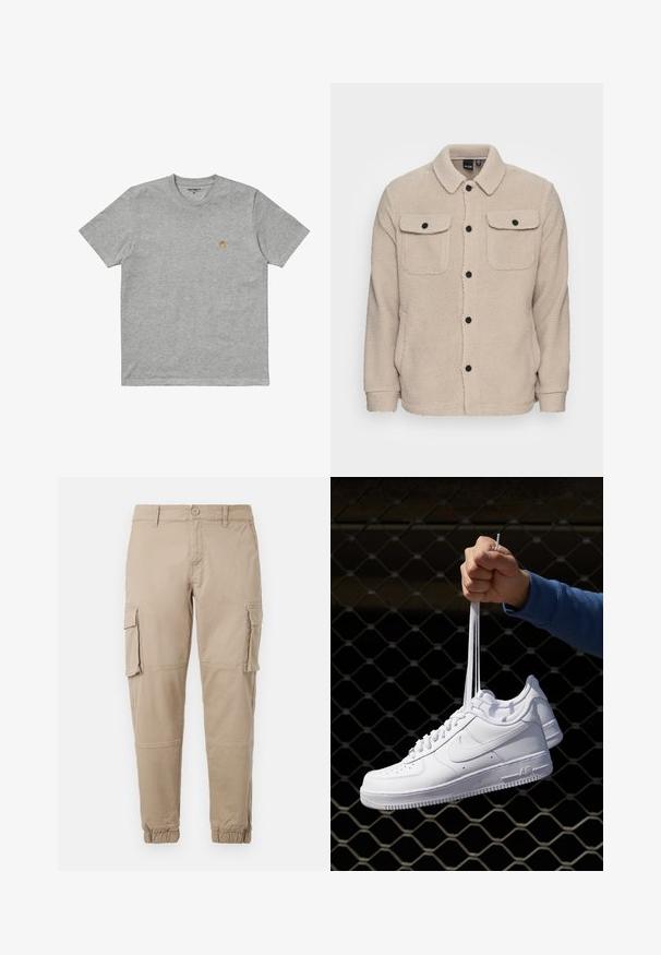 Beige fleecejakke med krave, knaplukning, to brystlommer med klap og tekstureret stof. Sorte knapper fremhæver designet.; Carhartt WIP CHASE - T-shirts basic - grey; Beige cargo bukser i et letvægts bomuldsstof. Har elastiske manchetter, flere sidelommer og en knaplukning.; Hvide lædersneakers med perforeringer, rund tå, flad sål og tykke snørebånd, med et synligt swoosh-logo og "AIR" på hælen.