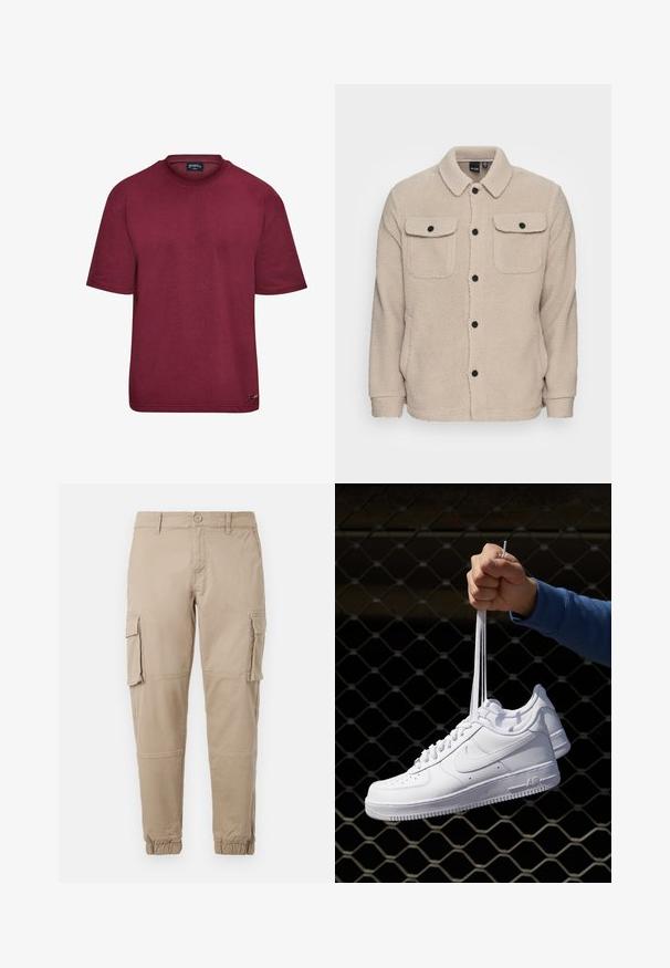 Bež jakna od flisa s ovratnikom, kopčanjem na gumbe, dva džepa na prsima s preklopima i teksturiranim materijalom. Crni dugmad naglašavaju dizajn.; Dropsize SUPER - Osnovna majica kratkih rukava - burgundy; Bež cargo hlače od laganog pamuka. Imaju elastične manžete, više bočnih džepova i kopčanje na dugme.; Bijele kožne tenisice s perforacijama, okruglim vrhom, ravnim potplatom i debelim vezicama, s vidljivim swoosh logom i natpisom "AIR" na peti.