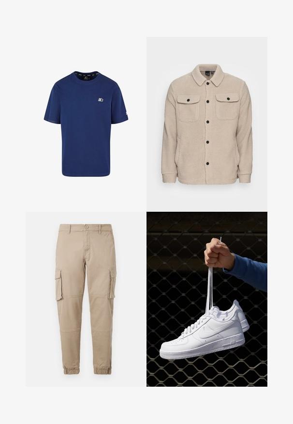 Bežna flis jakna z ovratnikom, gumbom za zapiranje, dvema žepoma na prsih s poklopci in teksturirano tkanino. Črni gumbi poudarjajo obliko.; Temno modra majica iz bombaža; kratki rokavi; kroj s krožnim izrezom; vsebuje majhen logotip na levem prsnem delu in poudarek na rokavu.; Bežne cargo hlače iz lahkega bombažnega materiala. Imajo elastične manšete, več stranskih žepov in gumbasto zapiranje.; Bela usnjena športna obutev s perforacijami, okroglo konico, ravnim podplatom in debelimi vezalkami, z vidnim logotipom smoosh in napisom "AIR" na peti.