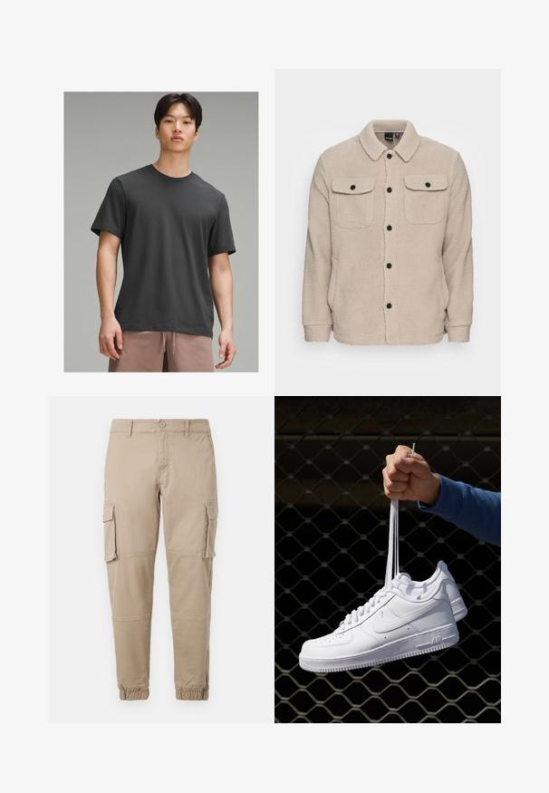 Beige Fleecejacke mit Kragen, Knopfverschluss, zwei Brusttaschen mit Klappen und strukturiertem Stoff. Schwarze Knöpfe setzen Akzente im Design.; Dunkelgraues T-Shirt mit kurzen Ärmeln und Rundhalsausschnitt, aus weichem Stoff gefertigt. Bietet einen entspannten Schnitt und eine glatte Textur.; Beige Cargo-Hosen aus leichtem Baumwollmaterial. Mit elastischen Bündchen, mehreren Seitentaschen und einem Knopfverschluss.; Weiße Leder-Sneaker mit Perforationen, runder Zehenpartie, flacher Sohle und dicken Schnürsenkeln, mit sichtbar eingesticktem Swoosh-Logo und "AIR" an der Ferse.