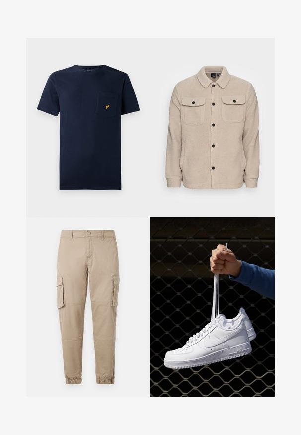 Beige fleecejakke med krage, knappestolpe, to brystlommer med klaff og strukturert stoff. Sorte knapper fremhever designet.; Marineblå bomull T-skjorte med korte ermer, rund hals og brystlomme med en liten gul fuglelogo.; Beige cargo bukser i let bomuldsmateriale. Har elastiske manchetter, flere sidelommer og en knaplukning.; Hvite skinnsneakers med perforeringer, rund tå, flat såle og tykke lisser, med en synlig swoosh-logo og "AIR" på hælen.