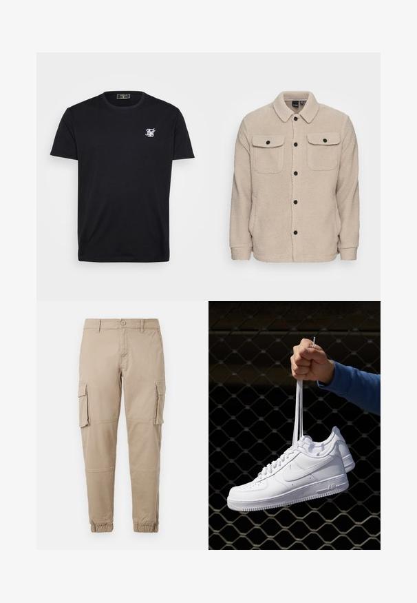 Beige színű polár dzseki, galléros nyakkivágással, gombos záródással, két melltartó zsebbel fedéllel és texturált anyaggal. Fekete gombok emelik ki a tervezést.; Fekete pamut póló rövid ujjakkal, kerek nyakkivágással és egy kis fehér hímzett logóval a bal mellen. Egyszerű és klasszikus dizájn.; Beige színű cargo nadrág könnyű pamut anyagból. Rugalmas mandzsettákkal, több oldalsó zsebbel és gombos záródással rendelkezik.; Fehér bőr sportcipők perforációval, kerek orral, lapos talppal és vastag fűzőkkel, látható swoosh logóval és "AIR" felirattal a sarokrészen.