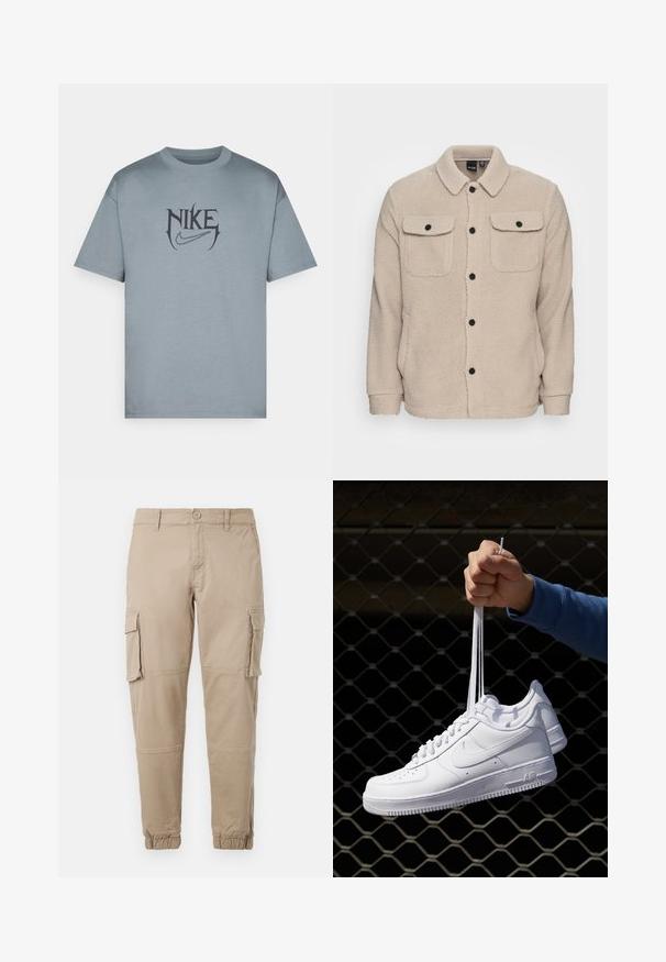 Chaqueta de forro polar beige con cuello camisero, cierre de botones, dos bolsillos en el pecho con solapas y tejido texturizado. Los botones negros acentúan el diseño.; Nike Performance TEE - Camiseta estampada - cool grey; Pantalones cargo beige de un material de algodón ligero. Presenta puños elásticos, múltiples bolsillos laterales y un cierre de botón.; Zapatillas de cuero blanco con perforaciones, punta redonda, suela plana y cordones gruesos, con un logo de swoosh visible y "AIR" en el talón.