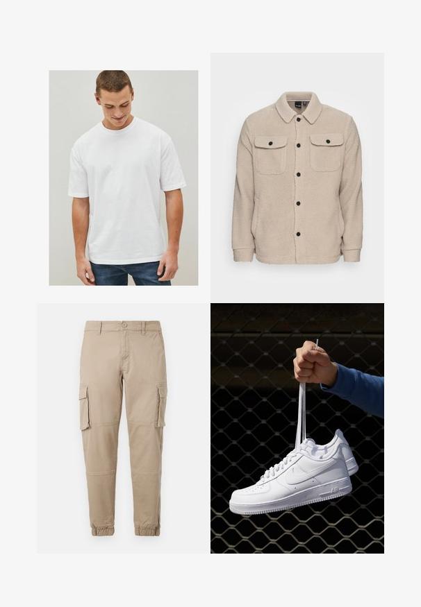 Veste en polaire beige avec un col, une fermeture à boutons, deux poches poitrine à rabat et un tissu texturé. Des boutons noirs viennent accentuer le design.; T-shirt en coton blanc à manches courtes, coupe décontractée et col rond. Pas de motifs ni d'accents, présenté avec un jean en denim.; Pantalons cargo beiges en coton léger. Comprend des poignets élastiques, plusieurs poches latérales et une fermeture à bouton.; Baskets en cuir blanc avec perforations, à bout rond, semelle plate et lacets épais, arborant un logo swoosh visible et "AIR" sur le talon.