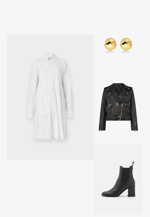 Chaqueta de motorista de cuero negro con un diseño ajustado, herrajes de cremallera dorada, múltiples bolsillos delanteros con cremallera y una cintura con cinturón. Presenta epaulets en los hombros.; Vestido blanco de manga larga con patrón de ojales, escote alto y falda en capas. Presenta un dobladillo festoneado y un ligero fruncido en la cintura.; Botín negro de tacón, hecho de cuero suave, con paneles laterales elásticos, punta redonda y tacón cuadrado.; Pendientes esféricos de color dorado con una superficie brillante y reflectante. El diseño es simple y suave, creando un aspecto moderno y minimalista.