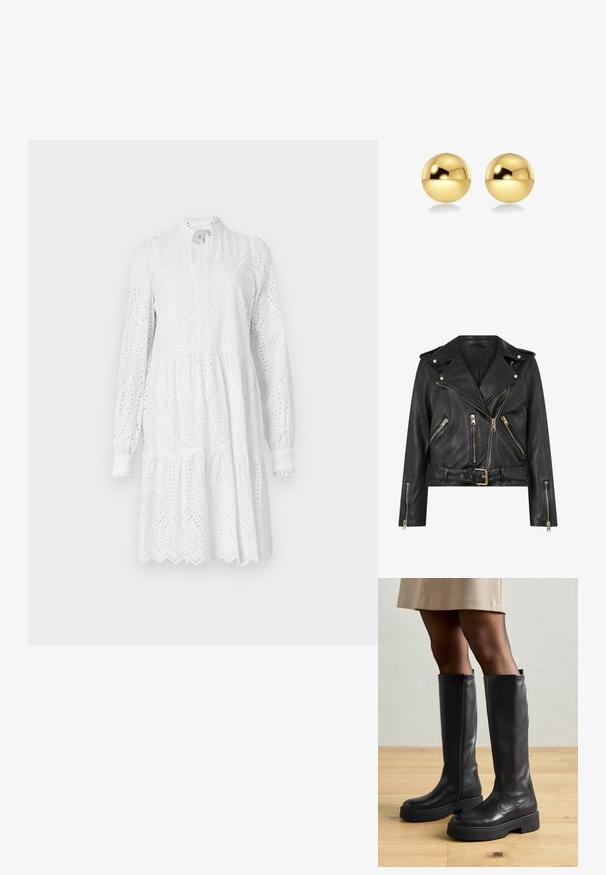 Melnas ādas motocikla jaka ar pieguļošu dizainu, zelta rāvējslēdzēju detaļām, vairākiem priekšējiem rāvējslēdzēja kabatām un jostu vidukļa daļā. Iekļauti plecu epauleti.; Balta garām piedurknēm kleita ar acu izšuvumu, augstu apkakli un daudzslāņu svārkiem. Iezīmē viļņotu apakšmalu un nelielu savilkumu viduklī.; Melnas ceļa augstumā zābaki no ādas ar gludu tekstūru, ar biezu gumijas zoli un sānu rāvējslēdzēju, lai viegli uzvilktu.; Zeltainas sfēriskas auskaru pušķis ar mirdzošu, atstarojošu virsmu. Dizains ir vienkāršs un gluds, radot modernu, minimālistisku izskatu.