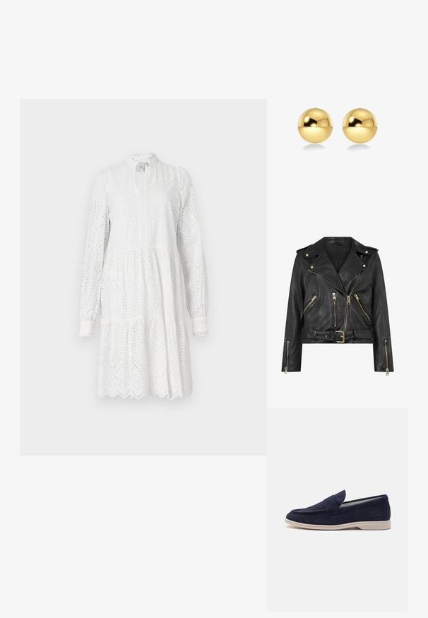Black leather biker jacket with a fitted design, gold zip hardware, multiple front zip pockets, and a belted waist. Features shoulder epaulets.; White long-sleeve dress with eyelet pattern, high neckline, and tiered skirt. Features scalloped hem and slight gathering at the waist.; Navy suede loafers with a rounded toe and stitched detailing. Features a padded tongue and a light beige rubber sole for comfort.; Gold-colored spherical earrings with a shiny, reflective surface. The design is simple and smooth, creating a modern, minimal look.