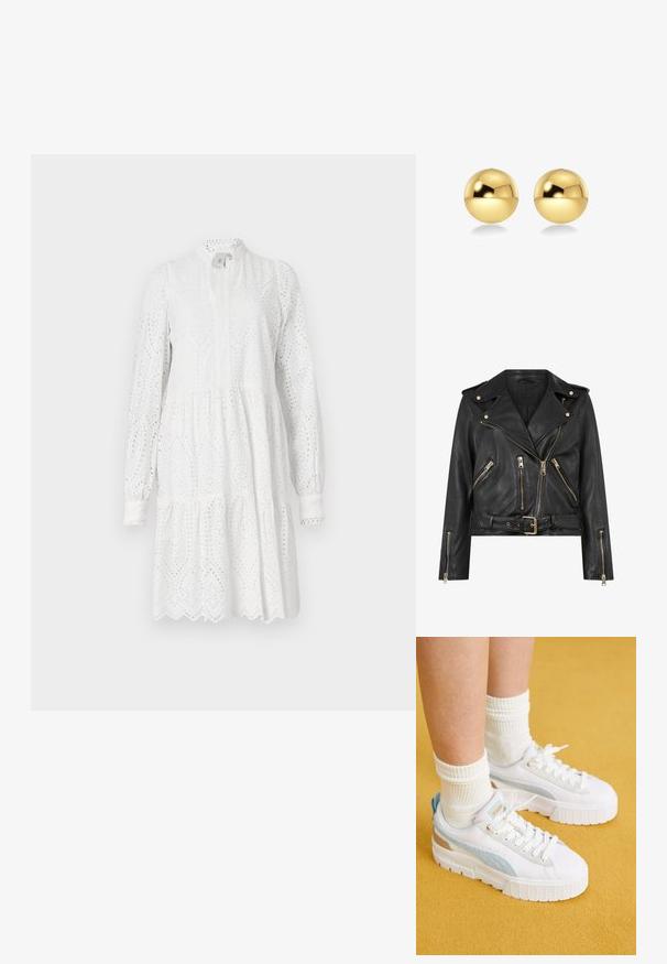 Czarna skórzana kurtka motocyklowa o dopasowanym kroju, ze złotymi zamkami, wieloma przednimi kieszeniami na zamek i paskiem w talii. Wyposażona w naramienniki.; Biała sukienka z długim rękawem, z wzorem w dziurki, o wysokiej szyi i warstwowej spódnicy. Posiada falbaniasty dół i lekkie marszczenie w talii.; Puma MAYZE biały; Złote, sferyczne kolczyki o błyszczącej, refleksyjnej powierzchni. Ich design jest prosty i gładki, co tworzy nowoczesny, minimalistyczny wygląd.