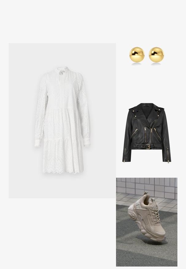 Czarna skórzana kurtka motocyklowa o dopasowanym kroju, ze złotymi zamkami, wieloma przednimi kieszeniami na zamek i paskiem w talii. Wyposażona w naramienniki.; Biała sukienka z długim rękawem, z wzorem w dziurki, o wysokiej szyi i warstwowej spódnicy. Posiada falbaniasty dół i lekkie marszczenie w talii.; Beżowy but sportowy z siateczkową i syntetyczną cholewką, wyściełanym kołnierzem oraz masywną podeszwą z teksturowanymi akcentami. Logo widoczne z boku.; Złote, sferyczne kolczyki o błyszczącej, refleksyjnej powierzchni. Ich design jest prosty i gładki, co tworzy nowoczesny, minimalistyczny wygląd.