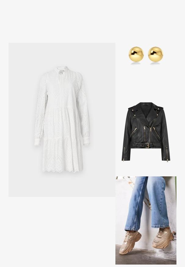 Mustat nahkainen moottoripyörätakki, jossa on istuva muotoilu, kultaiset vetoketjivarusteet, useita etupuolen vetoketjullisia taskuja ja vyötäröllä oleva vyö. Varustettu olkaimia.; Valkoinen pitkähiha dressi, jossa on pitsikuvio, korkea kaulus ja kerroksellinen hame. Samanlaista reunaa ja kevyttä keräämistä vyötäröllä.; Beige lenkkarit, joissa on metallisia yksityiskohtia, teksturoitu pinta ja strassi koristeita, yhdistettynä vaaleansinisiin suoralahkeisiin farkkuihin.; Kultaiset pallomaiset korvakorut, joissa on kiiltävä ja heijastava pinta. Suunnittelu on yksinkertainen ja sileä, luoden modernin ja minimalistisen ilmeen.