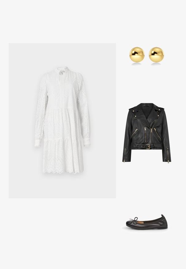 Mustat nahkainen moottoripyörätakki, jossa on istuva muotoilu, kultaiset vetoketjivarusteet, useita etupuolen vetoketjullisia taskuja ja vyötäröllä oleva vyö. Varustettu olkaimia.; Valkoinen pitkähiha dressi, jossa on pitsikuvio, korkea kaulus ja kerroksellinen hame. Samanlaista reunaa ja kevyttä keräämistä vyötäröllä.; Musta nahkainen balettisandaali, jossa on pyöristetty kärki, ohut nauhanyöri edessä ja elastinen reuna turvallisen istuvuuden takaamiseksi. Litteä pohja mukavuutta varten.; Kultaiset pallomaiset korvakorut, joissa on kiiltävä ja heijastava pinta. Suunnittelu on yksinkertainen ja sileä, luoden modernin ja minimalistisen ilmeen.