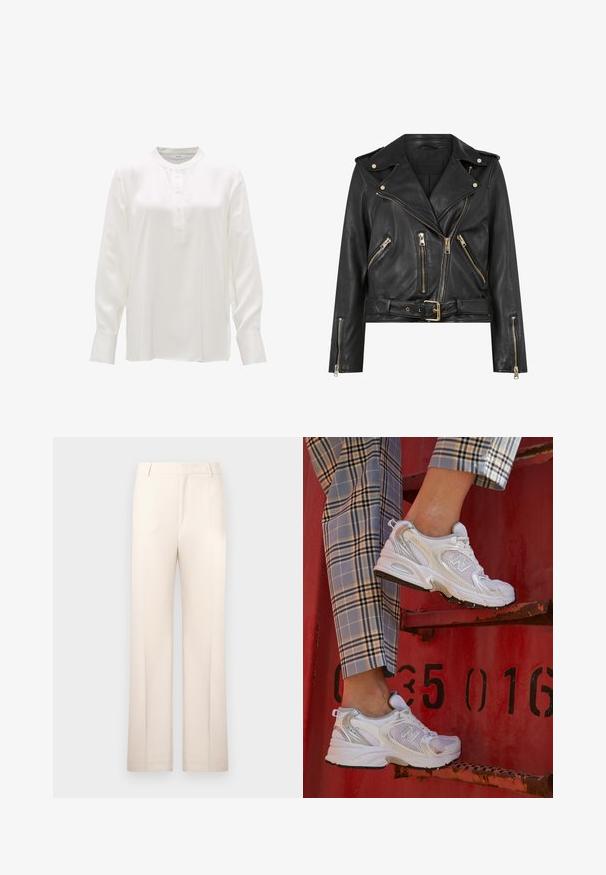 Giacca da motociclista nera in pelle con un design aderente, dettagli in metallo dorato, molteplici tasche frontali con zip e vita con cintura. Presenta spalline sulle spalle.; Maglione grigio chiaro oversize con colletto a dolcevita in morbido materiale a maglia. Presenta polsini e orlo a coste, con spalle e corpo a vestibilità rilassata.; Camisetta bianca a maniche lunghe realizzata in tessuto liscio, con colletto alla cinese, chiusura a bottoni e maniche strette con polsini abbottonati.; Pantaloni beige su misura con design a gamba dritta, realizzati in tessuto leggero. Presentano pieghe frontali e una cintura classica.; Sneaker bianchi in rete con accenti argento e suola testurizzata, posizionati su una superficie rossa, abbinati a pantaloni a scacchi.