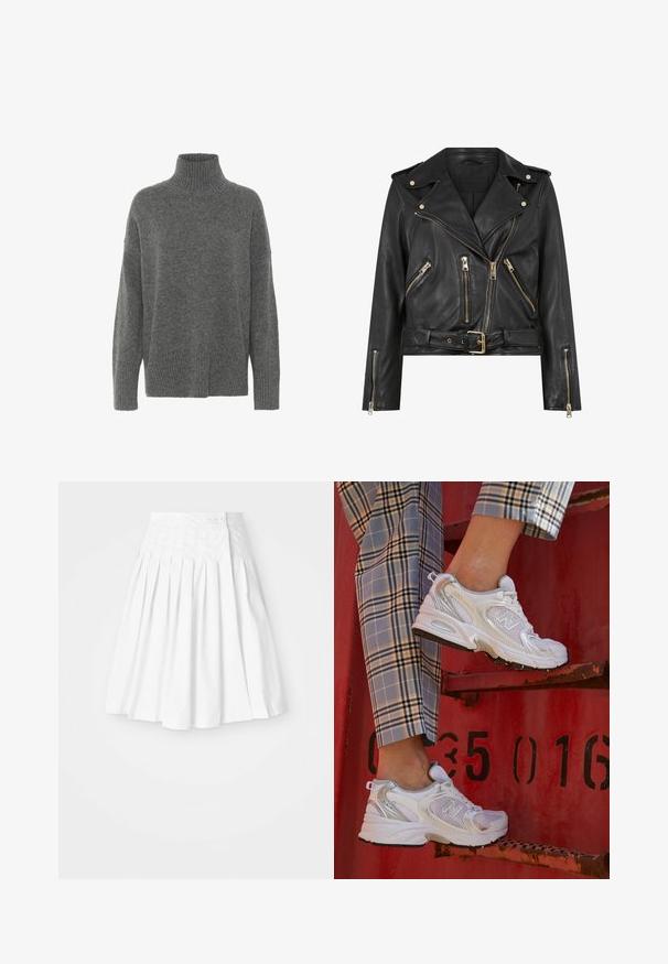 Must tanutav must nahk-biker jakki, millel on sobiv disain, kuldne tõmblukk, mitu eesmist tõmblukku taskut ja vööga talje. Omab õlavarre epauletti.; Heled hall oversize turtleneck-sviiter pehme kudumateriaaliga. Omab soonikkoes käiseid ja ääre, samuti laia lõikega õlgu ja keha.; Valge plisseeritud seelik, millel on ühtepidi kinnitatud vöökoht ja nupuga külgklapp, omades sujuvat ja krõbedat tekstuuri.; Valged võrkkudumist sneakers hõbedaste aktsentidega ja tekstuurse tallaga, paigutatud punasel pinnal, koos ruuduliste pükstega.
