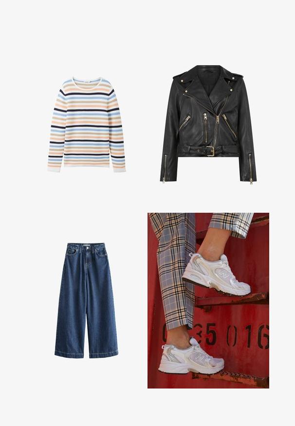 Mustat nahkainen moottoripyörätakki, jossa on istuva muotoilu, kultaiset vetoketjivarusteet, useita etupuolen vetoketjullisia taskuja ja vyötäröllä oleva vyö. Varustettu olkaimia.; TOM TAILOR NEW OTTOMAN - Neule - peach blue ottoman stripe; Laadukkaat tummansiniset leveälahkeiset farkut. Valmistettu kestävästä puuvillasta, joissa on korkea vyötärö, etutaskut ja suorat, lyhyet lahkeet näkyvillä ompeleilla.; Valkoiset verkkokengät hopea-yksityiskohdilla ja teksturoidulla pohjalla, aseteltuna punaiselle pinnalle, yhdistettynä ruudullisiin housuihin.