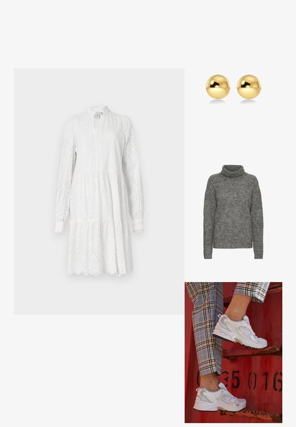 Schwarze Leder-Bikerjacke mit tailliertem Design, goldfarbener Reißverschlussbeschläge, mehreren vorderen Reißverschlusstaschen und einem taillierten Bund. Mit Schulterklappen.; Grauer Rollkragenpullover aus weichem Strickmaterial, mit einer lockeren Passform und langen Ärmeln, die eine subtile Textur aufweisen.; Weißes langärmeliges Kleid mit Stanzmuster, hohem Ausschnitt und gestuftem Rock. Mit gewelltem Saum und leicht gerafftem Bund.; Weiße Mesh-Sneaker mit silbernen Akzenten und einer strukturierten Sohle, platziert auf einer roten Oberfläche, kombiniert mit karierter Hose.; Goldfarbene, kugelförmige Ohrringe mit einer glänzenden, reflektierenden Oberfläche. Das Design ist schlicht und glatt, was einen modernen, minimalistischen Look erzeugt.