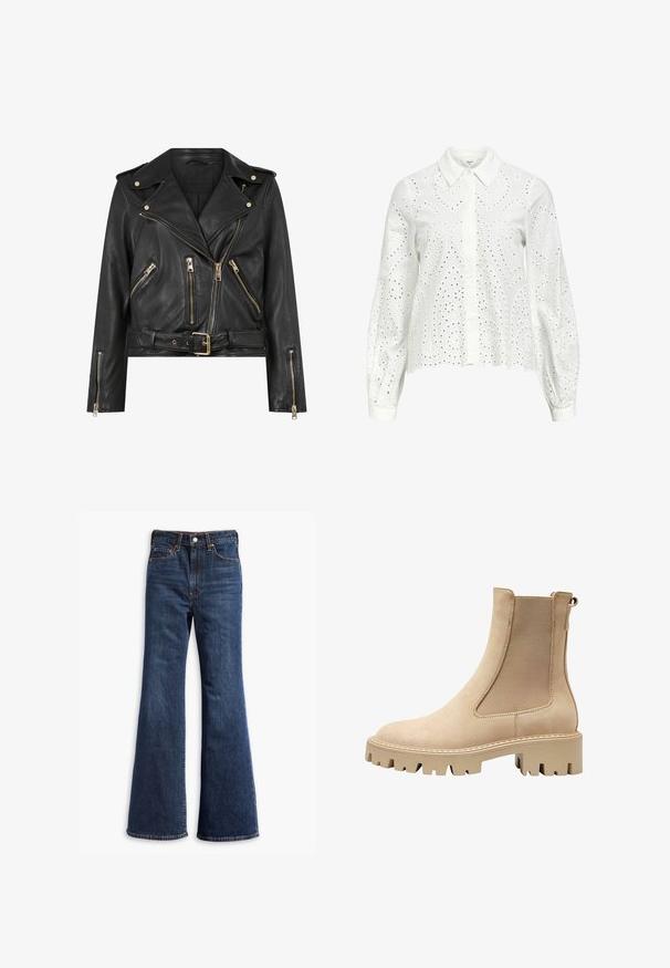 Czarna skórzana kurtka motocyklowa o dopasowanym kroju, ze złotymi zamkami, wieloma przednimi kieszeniami na zamek i paskiem w talii. Wyposażona w naramienniki.; Biała koszula z długim rękawem i kołnierzykiem, z haftem w kształcie oczek w wzór paisley oraz zapięciem na guziki z przodu.; Jeansy z wysokim stanem w ciemnoniebieskim kolorze, z rozszerzanymi nogawkami, zapinane na guzik i zamek, z pięcioma kieszeniami.; Beżowe botki za kostkę o gładkim zamszowym wykończeniu, z elastycznymi bokami i masywną podeszwą z bieżnikiem zapewniającą przyczepność. Posiadają dekoracyjne stębnowanie.