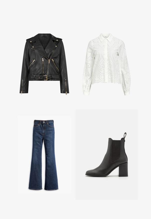Černá kožená motorkářská bunda s přiléhavým střihem, zlatým zipem, několika předními zipovými kapsami a páskem v pase. Obsahuje ramenní epauletky.; Bílá košile s dlouhým rukávem a límečkem, zdobená vyšívanými oky v paisley vzoru a knoflíkovým zapínáním na přední straně.; Džínové kalhoty s vysokým pasem v tmavě modré barvě, s rozšířenými nohavicemi, předním zapínáním na knoflík a zip, a designem s pěti kapsami.; Černé kotníkové boty na podpatku vyrobené z hladké kůže, s elastickými postranními panely, zaoblenou špičkou a čtvercovým blokovým jehlou.