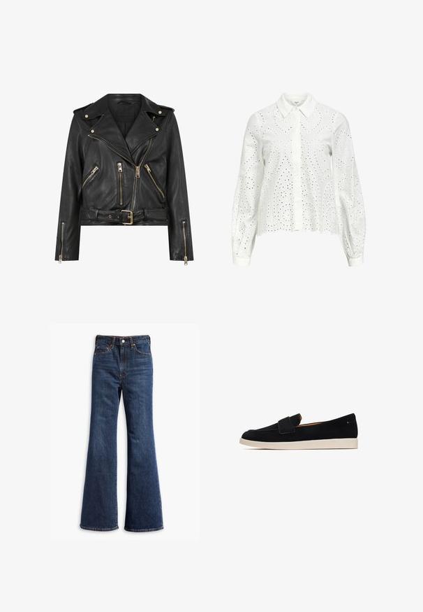 Schwarze Leder-Bikerjacke mit tailliertem Design, goldfarbener Reißverschlussbeschläge, mehreren vorderen Reißverschlusstaschen und einem taillierten Bund. Mit Schulterklappen.; Weißes Langarmshirt mit Kragen, das mit einer Lochstickerei in Paisleymuster und Knopfverschlüssen auf der Vorderseite versehen ist.; Hochtaillierte dunkelblaue Jeans mit ausgestellten Beinen, Vorderknopf- und Reißverschluss sowie Fünf-Taschen-Design.; Cesare Gaspari FLAT SOLE - Mokassin - black