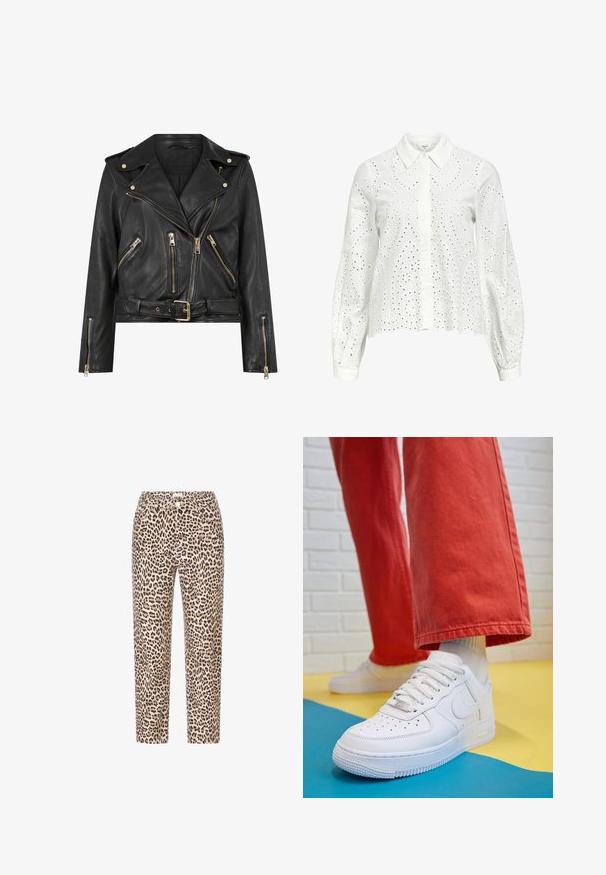 Zwarte leren motorjack met een aansluitend ontwerp, gouden ritsaccessoires, meerdere voorzakken met rits en een verstelbare taille. Voorzien van schouderepauletten.; Witte lange mouwen blouse met een gekraagde halslijn, voorzien van oogjes borduursel in een paisleypatroon en knoopsluiting aan de voorkant.; De luipaardprint broeken hebben een tan achtergrond met zwarte vlekken, een rechte snit en een klassieke tailleband met een knoopsluiting aan de voorkant.; Witte leren sneaker met geperforeerde teenbox, gestructureerde zool en witte veters, gecombineerd met wijde rode broeken en een blauw-geel achtergrond.