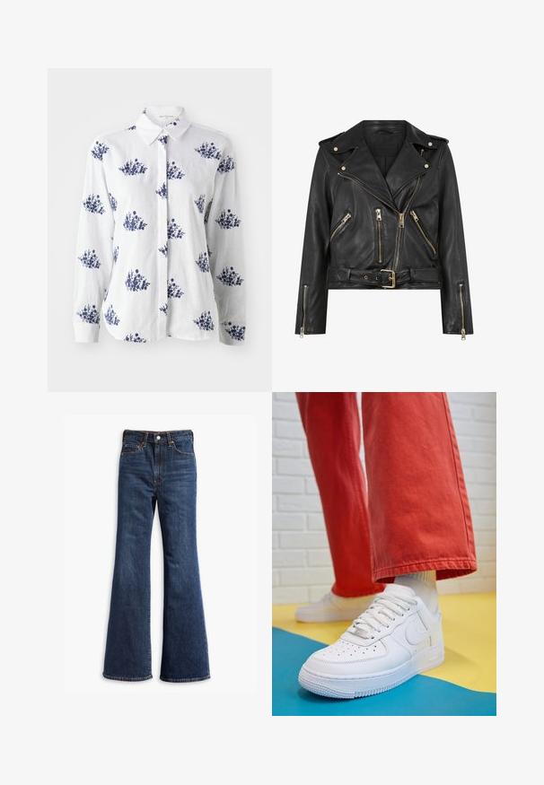 Melnas ādas motocikla jaka ar pieguļošu dizainu, zelta rāvējslēdzēju detaļām, vairākiem priekšējiem rāvējslēdzēja kabatām un jostu vidukļa daļā. Iekļauti plecu epauleti.; Balta lina krekls ar zilu ziedu drukājumu, ar pogām aizpogājams priekšpuse, klasiskā apkakle, garas piedurknes un aproču gali.; Augstas jostas tumši zili džinsi ar zvīņveida kājām, priekšējo pogu un rāvējslēdzēju, kā arī piecu kabatu dizainu.; Baltās ādas kedas ar perforētu purngalu, teksturētu zoli un baltām auklām, apvienotas ar platām sarkanām biksēm un zilu un dzeltenu fona.