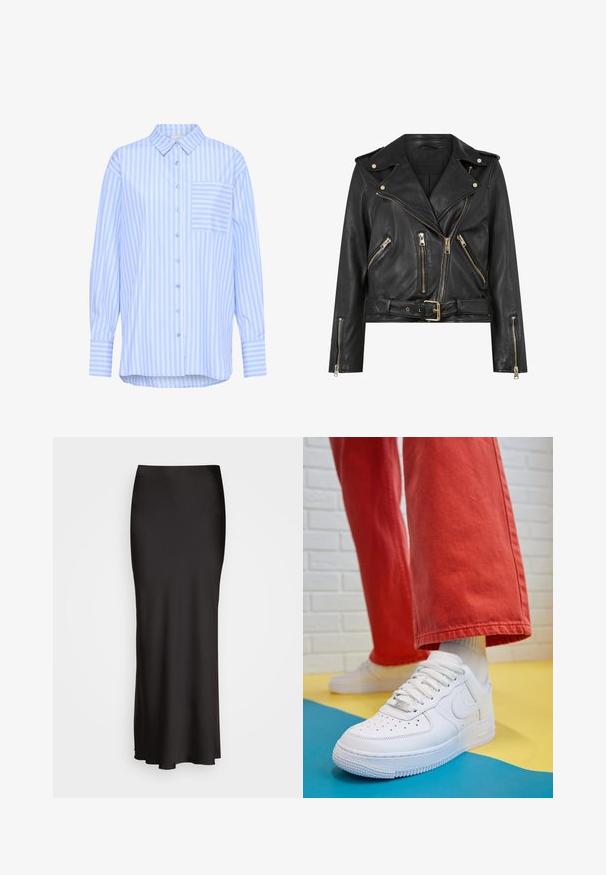 Black leather biker jacket with a fitted design, gold zip hardware, multiple front zip pockets, and a belted waist. Features shoulder epaulets.; Kaffe KAMACKIE - Button-down blouse - blue white stripe; Black, floor-length satin skirt with a smooth texture, fitted waistband, and A-line silhouette, featuring no visible embellishments or patterns.; White leather sneaker with perforated toe box, textured sole, and white laces, paired with wide red pants and a blue and yellow background.