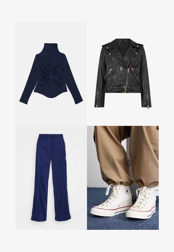 Svart läderbikerjacka med figursydd design, guldfärgad dragkedja, flera framfickor med dragkedja och midja med bälte. Har axelepåletter.; MIISTA LAPIS PIERCING - Blus - midnight blue; Marina atletiska byxor med elastisk midja, raka ben och sidodragkedjor. Har vit piping längs sidorna. Slät tygtextur.; Vita hög-top sneakers i canvas med gummisula, med en svart stjärnlogotyp och röda samt marinblå detaljer.
