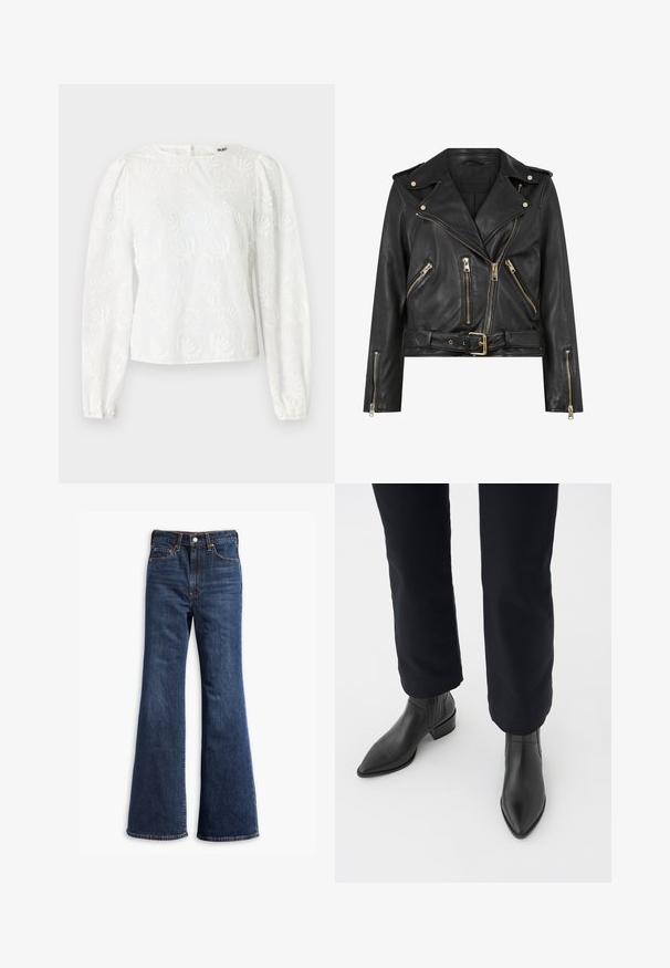 Juodas odinis motociklininko švarkas su prigludusia danga, auksinėmis užtrauktuko detalėmis, keliais priekiniais užtrauktukais, ir dirželiu ties liemeniu. Yra pečių epauletai.; Balta bliusonė su ilgomis pūkuotomis rankovėmis, dekoruota siuvinėtomis gėlių rašteliais ir apvaliu iškirpimu. Užtrauktukas nugarinėje dalyje.; Aukštos juosmens tamsiai mėlyni džinsai su pločio kojomis, priekinis mygtukas ir užtrauktukas, bei penkių kišenių dizainas.; Juodos odinės kulkšninių botai su smailiu priekiu, blokiniu kulnu ir tekstūruotais šonais, dėvimi su tamsiomis kelnėmis prieš baltą foną.