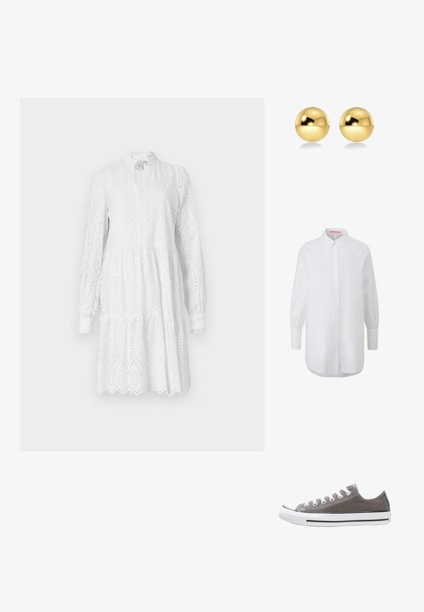Schwarze Leder-Bikerjacke mit tailliertem Design, goldfarbener Reißverschlussbeschläge, mehreren vorderen Reißverschlusstaschen und einem taillierten Bund. Mit Schulterklappen.; QS Hemdbluse - weiß; Weißes langärmeliges Kleid mit Stanzmuster, hohem Ausschnitt und gestuftem Rock. Mit gewelltem Saum und leicht gerafftem Bund.; Graue Leinensneaker mit weißer Gummisohle, schwarzem Streifen und Metallösen. Verfügt über eine runde Zehenpartie, ein tief geschnittenes Design und strukturstoff.; Goldfarbene, kugelförmige Ohrringe mit einer glänzenden, reflektierenden Oberfläche. Das Design ist schlicht und glatt, was einen modernen, minimalistischen Look erzeugt.