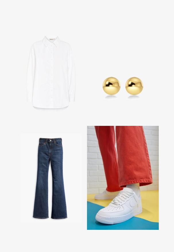 Schwarze Leder-Bikerjacke mit tailliertem Design, goldfarbener Reißverschlussbeschläge, mehreren vorderen Reißverschlusstaschen und einem taillierten Bund. Mit Schulterklappen.; Weißes Hemd mit Knöpfen, spitzem Kragen, langen Ärmeln und abgerundetem Saum. Hergestellt aus einem glatten, leichten Stoff. Dezenter Glanz.; Hochtaillierte dunkelblaue Jeans mit ausgestellten Beinen, Vorderknopf- und Reißverschluss sowie Fünf-Taschen-Design.; Weiße Leder-Sneaker mit perforiertem Zehenbereich, strukturiertem Sohlen und weißen Schnürsenkeln, kombiniert mit weiten roten Hosen und einem blauen und gelben Hintergrund.; Goldfarbene, kugelförmige Ohrringe mit einer glänzenden, reflektierenden Oberfläche. Das Design ist schlicht und glatt, was einen modernen, minimalistischen Look erzeugt.