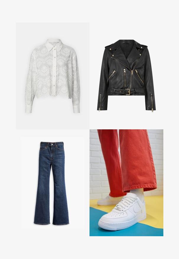 Schwarze Leder-Bikerjacke mit tailliertem Design, goldfarbener Reißverschlussbeschläge, mehreren vorderen Reißverschlusstaschen und einem taillierten Bund. Mit Schulterklappen.; Weißes, verkürztes Hemd mit Knöpfen und gestickten Blumenmustern, einem Kragen und langen Ärmeln, mit Spitzen-Elementen entlang der Ränder.; Hochtaillierte dunkelblaue Jeans mit ausgestellten Beinen, Vorderknopf- und Reißverschluss sowie Fünf-Taschen-Design.; Weiße Leder-Sneaker mit perforiertem Zehenbereich, strukturiertem Sohlen und weißen Schnürsenkeln, kombiniert mit weiten roten Hosen und einem blauen und gelben Hintergrund.