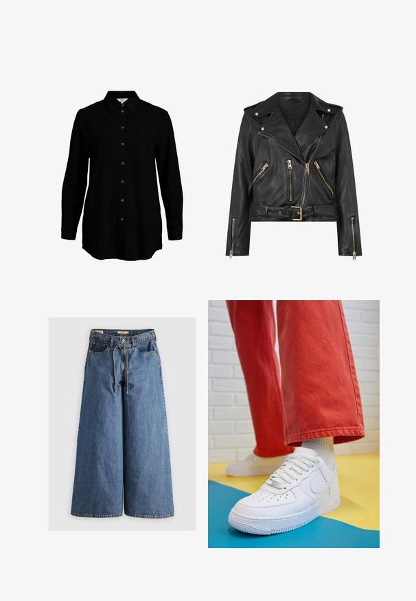 Juodas odinis motociklininko švarkas su prigludusia danga, auksinėmis užtrauktuko detalėmis, keliais priekiniais užtrauktukais, ir dirželiu ties liemeniu. Yra pečių epauletai.; Juodas ilgomis rankovėmis marškinis su mygtukais priekyje, klasikiniu apykakle ir minkštos tekstūros audiniu. Yra subtilus audimo detalizavimas ir siauri rankogaliai.; Plačios džinsinės kelnės vidutinės mėlynos spalvos, aukštu liemeniu, su raišteliu, penkiomis kišenėmis ir kontrastingomis siūlėmis.; Baltos odinės kedų sportbačiai su perforuotu pirštu, tekstūruota pado dalimi ir baltais raišteliais, derinami su plačiomis raudonomis kelnėmis ir mėlynos bei geltonos spalvų fono kompozicija.