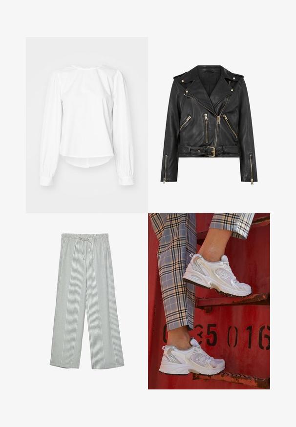Črna usnjena motoristična jakna s prilegajočim dizajnom, z zlatim zadrgo, več sprednjimi žepnimi zadrgami in pasom, ki se lahko nastavi. Značilne so ramenice.; Bela bluza z dolgimi rokavi in ohlapnim krojem, z napihnjenimi rokavi, zaobljenim izrezom in gumbnimi manšetami. Gladka, sveža tekstura.; Lahki široke hlače v zeleni in beli navpični črtasti vzorec. Imajo elastičen pas z vrvico za zapiranje.; Bele mrežne superge s srebrnimi detajli in teksturirano podplatom, postavljene na rdeči površini, v kombinaciji s karirastimi hlačami.