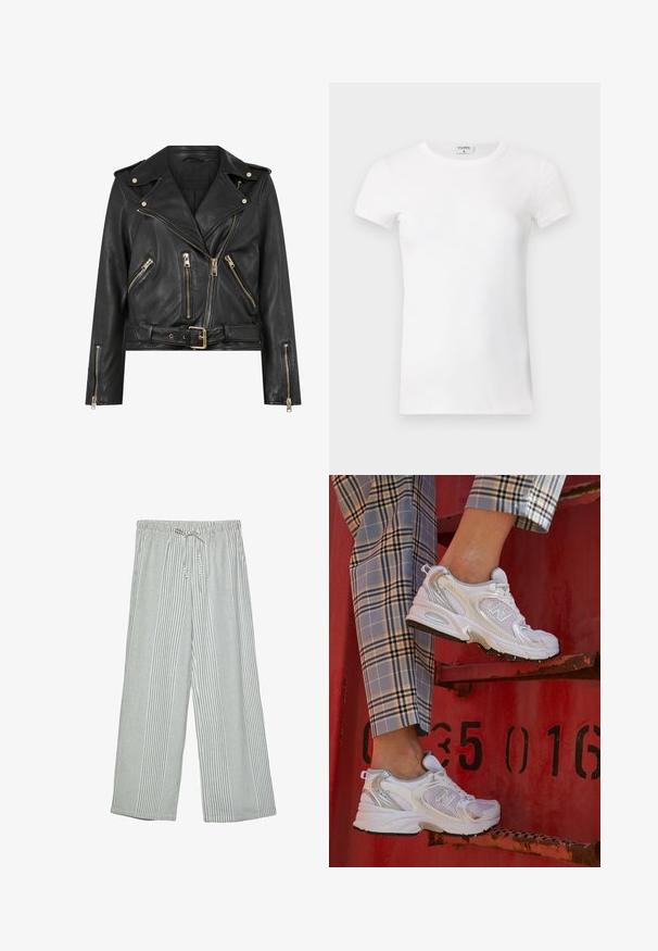 Schwarze Leder-Bikerjacke mit tailliertem Design, goldfarbener Reißverschlussbeschläge, mehreren vorderen Reißverschlusstaschen und einem taillierten Bund. Mit Schulterklappen.; Weißes geripptes T-Shirt mit kurzen Ärmeln und Rundhalsausschnitt. Der Stoff wirkt glatt und hat eine figurbetonte Silhouette. Markenlabel am Kragen sichtbar.; Leichte, weit geschnittene Hosen im grün-weißen Streifenmuster. Mit einem elastischen Bund und einer Kordelzugverschluss.; Weiße Mesh-Sneaker mit silbernen Akzenten und einer strukturierten Sohle, platziert auf einer roten Oberfläche, kombiniert mit karierter Hose.