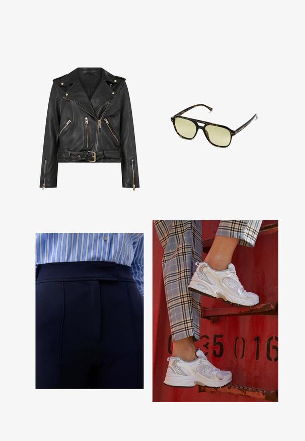 Zwarte leren motorjack met een aansluitend ontwerp, gouden ritsaccessoires, meerdere voorzakken met rits en een verstelbare taille. Voorzien van schouderepauletten.; Zwarte t-shirt met korte mouwen van gladde stof. Heeft een ronde halslijn en een losse pasvorm met een rechte zoom.; Scalpers SUN - Broek - navy; Witte mesh sneakers met zilveren accenten en een gestructureerde zool, gepositioneerd op een rode ondergrond, gecombineerd met gestreepte broek.; Schildpadbril met een rechthoekige vorm, groengetinte lenzen en gepatterde acetaat montuur. Kenmerkt metalen accenten nabij de lenzen.